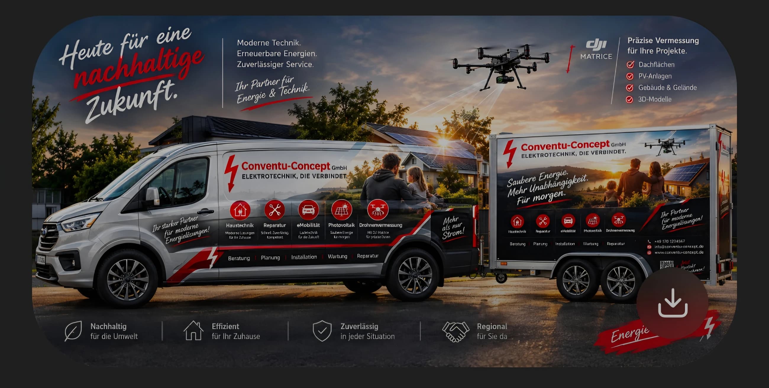 Vom Kunden bereitgestelltes Auftrittskonzept für Conventu-Concept mit Fahrzeug, Photovoltaik und Drohne