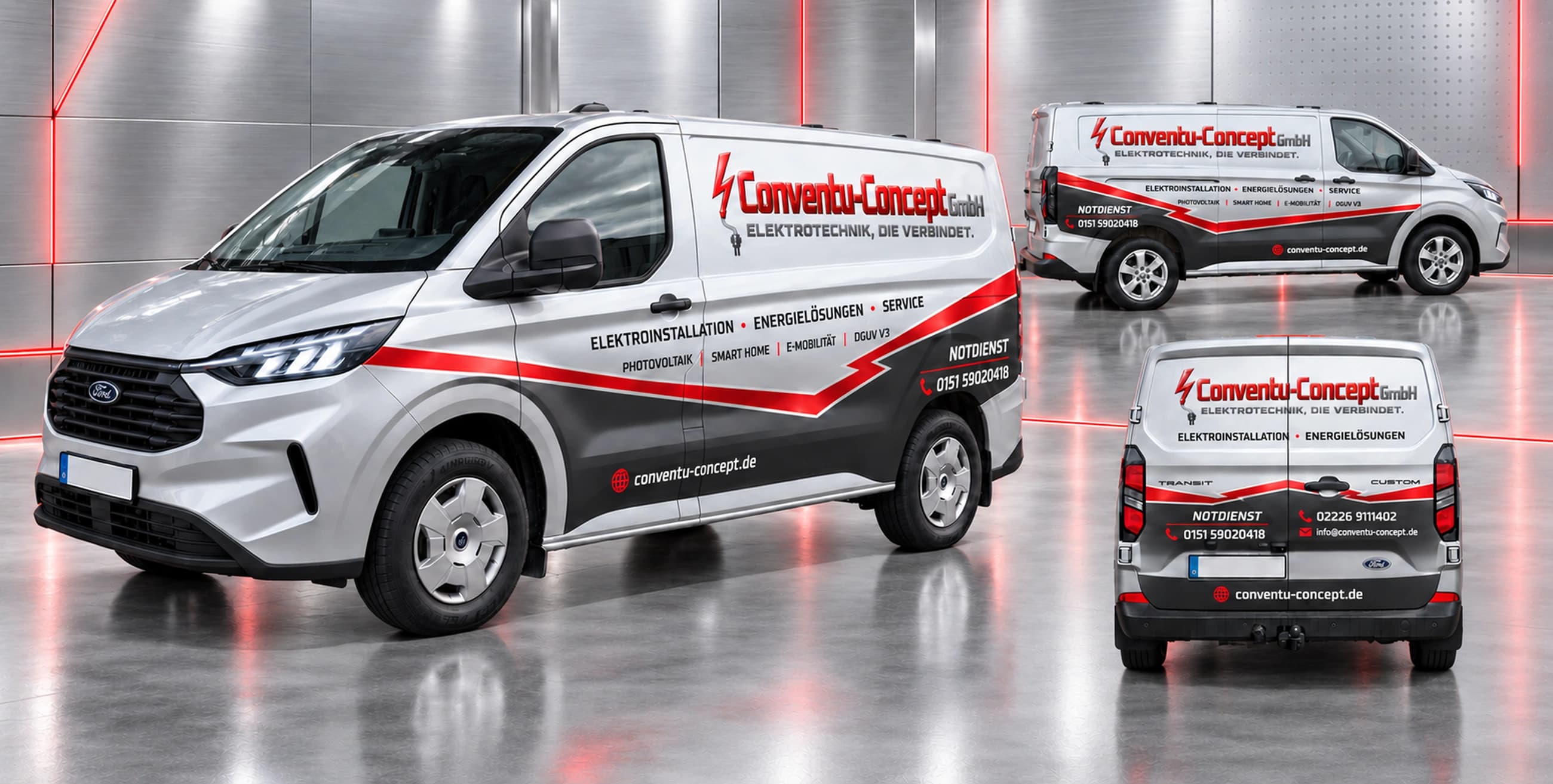 Kundenkonzept von Conventu-Concept mit drei Ansichten des metallic gestalteten Servicefahrzeugs