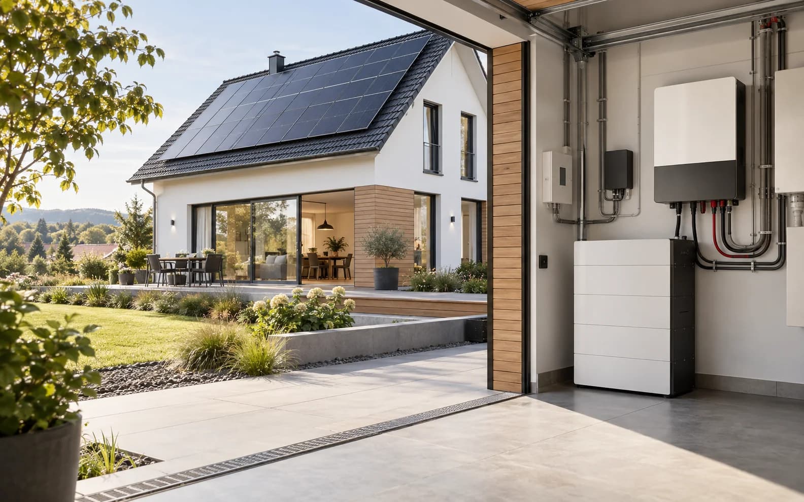 Symbolbild eines Hauses mit Photovoltaik und Batteriespeicher