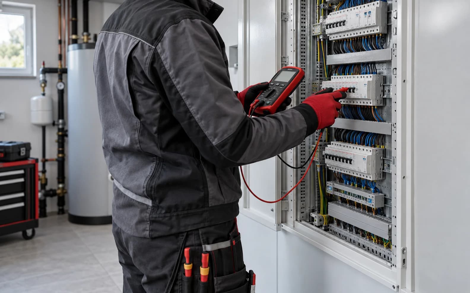 KI-generiertes Symbolbild einer Fachkraft bei der Prüfung eines Elektroverteilers